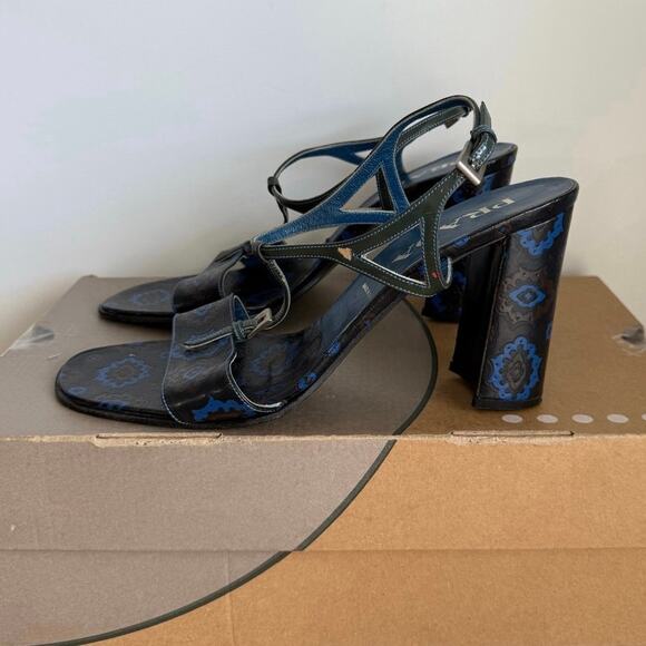 RARE Vintage Prada Blue Floral Chunky Women Heels - SZ 39 1/2 / US 9.5 - Picture 5 of 14